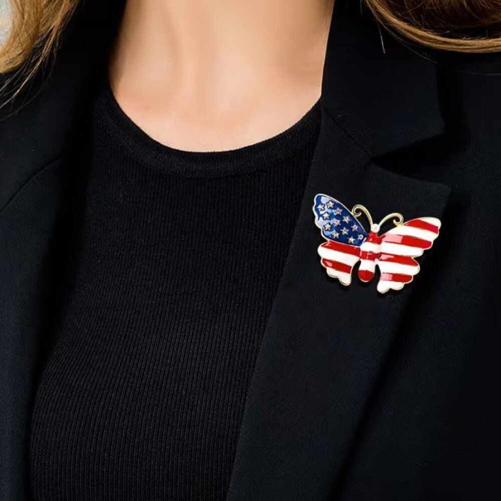 USA Butterfly Flag Brooch Red White & Blue Artificial Diamonds & Pearl Oil Drip - Picture 5 of 5